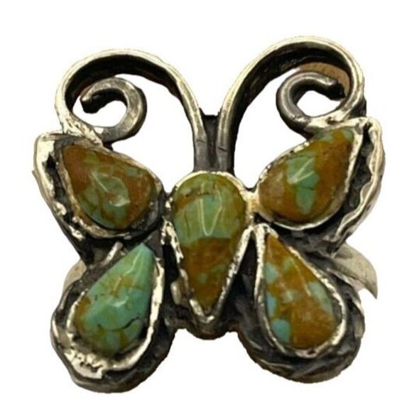 Vintage Navajo Inlaid Turquoise Butterfly Southwestern Sterling Ring Sz 7.5 - Picture 5 of 5